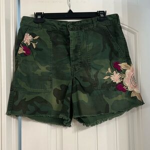Free People camo cargo shorts with floral embroidery